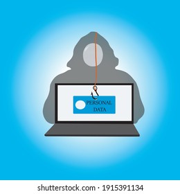 Vector illustration hacker behind the computer  try to hack personal data. Cyber security, phishing alert, virus and technology conxept.