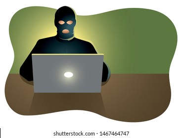 Vector illustration of a hacker behind laptop computer.