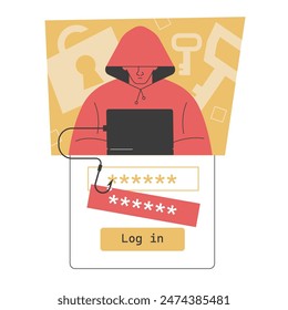 Vector illustration of a hacker conducting a phishing attack to steal passwords, highlighting the dangers of cybercrime, data breaches, and the importance of internet security and digital protection. 