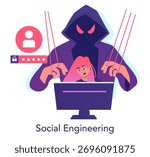 Vector illustration of a hacker controlling a computer user through social engineering techniques. The image portrays the concept of cyber threats and digital manipulation in cybersecurity.