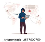 Vector illustration of a hacker in cyberspace. Cartoon scene of Internet fraud, tampering with computer programs, data, a guy holding a pirated laptop, a world map isolated on a white background.