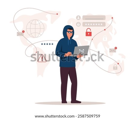 Vector illustration of a hacker in cyberspace. Cartoon scene of Internet fraud, tampering with computer programs, data, a guy holding a pirated laptop, a world map isolated on a white background.