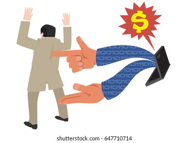 Vector illustration of hacker hijacking a businessman.