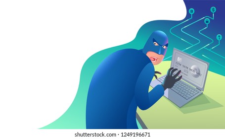 Vector illustration hacker kidnapping money from credit card bank network