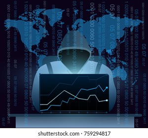 Vector illustration of hacker with laptop, hacking the Internet on world map background, computer security concept, email spam with codes in flat style.