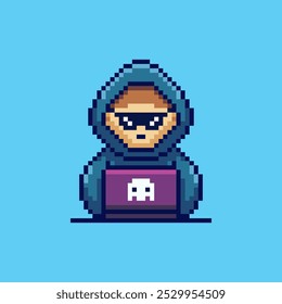 Vector Illustration of Hacker with Laptop in Hood with Pixel Art Design, perfect for game assets themed designs