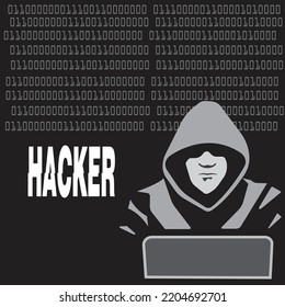 Vector illustration of a hacker man in a black hood sitting at a laptop, a darknet user, a flat design of the Internet interface of the dark Internet
