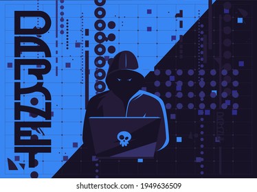 Vector illustration of a hacker man in a dark hood sitting at a laptop, darknet user, flat futuristic design internet background image