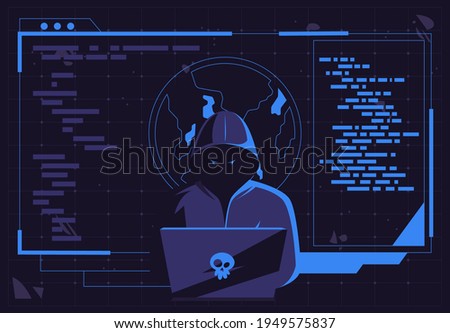 Vector illustration of a hacker man in a dark hood sitting at a laptop, a darknet user, a flat design of the Internet interface of the dark Internet