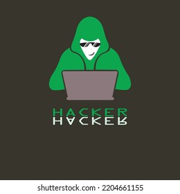 Vector illustration of a hacker man in a green hood sitting at a laptop, a darknet user, a flat design of the Internet interface of the dark Internet