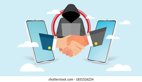 Vector illustration of hacker penetrating a hand shake of two mobile phone. Cybersecurity concept. Unsecure connection.