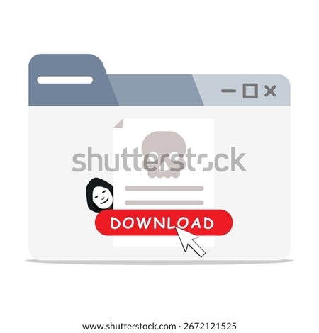 Vector illustration of a hacker tricking users into downloading a malicious file. Concept of malware, virus, phishing, cyber attack, and online security threats.