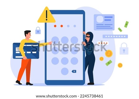 Vector illustration of hackers. Cartoon scene with a man who wants to steal bank accounts and follows the victim on white background.