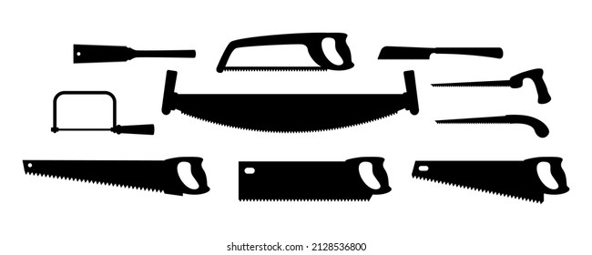 Vector illustration hacksaw black and white silhouettes isolated on white background. Different types of carpenter or repairmen handsaw vector icons set. Construction tool for cutting metal and tree.