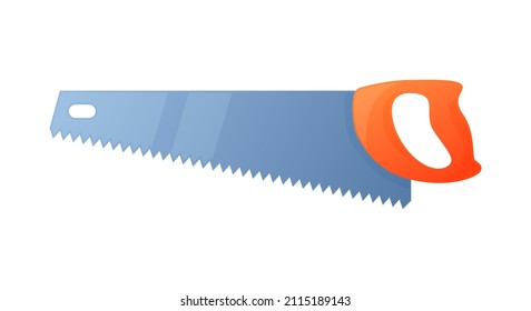 Vector illustration hacksaw with orange handle isolated on white background. Carpenter or repairmen handsaw vector icon in flat cartoon style. Construction tool. Saw for cutting metal and tree.