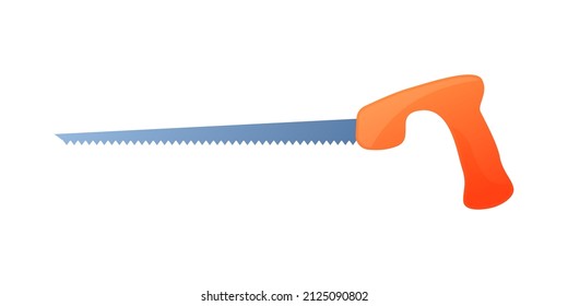 Ilustración vectorial hacksaw con mango naranja aislado en fondo blanco. Icono vectorial de carpintero o reparador de la sierra de mano en estilo de dibujo plano. Herramienta de construcción. Vi para cortar metal y árbol.
