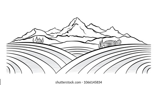 Vector illustration: Had drawn mountains rural landscape with fields and farm. Sketch line design