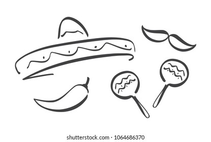 Vector illustration: Had drawn set of Mexican symbols. Cinco de Mayo design elements