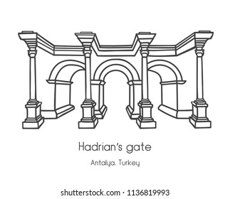 Vector illustration of Hadrian's gate in Antalya, Turkey. Hand drawn ancient architecture in simple line style isolated in white background. Travel icon design for turkish destination.