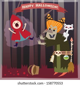 Vector illustration of hag and little girl in red hood
