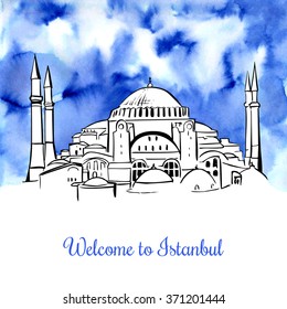 Vector illustration of Hagia Sophia in Turkey with black outline and watercolor blue background. Hand drawn cityscape with famous turkish landmark. Welcome to Istanbul card and poster design.