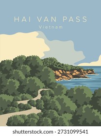 Vektorgrafik. Hai Van Pass Vietnam. Reise-Postkarte, Poster, Umschlag, Banner. Retro-Stil. Tourismus.