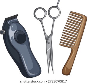 Ilustración vectorial de cortadora de cabello, tijeras y peine en estilo de dibujos animados limpio y moderno