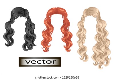 The Vector illustration of hair curly curls blonde, brunette and brown-haired drawing long strands like a wig decorate put on the image of the girl's face isolated image