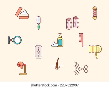 Vector illustration of a hair elements. 
Contains such as hairstyle, brush, comb, foam, hair dryer and more. 
Flat illustration style line drawing.
