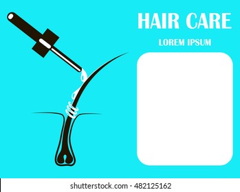 Vector illustration of a hair follicle and a serum essence drop with a dropper. Hair treatment design template with place for your text. Hair care and strengthening concept.