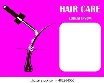 Vector illustration of a hair follicle and a serum essence drop with a dropper. Hair treatment design template with place for your text. Hair care and strengthening concept.