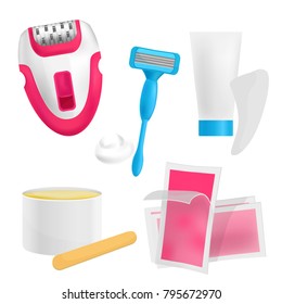 
vector illustration of hair remover: epilator, wax strips, razor, shaving foam, wax, cream