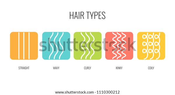 Vector Illustration of a Hair Types chart\
displaying all types and labeled. Curl types icon set for\
cosmetics, shampoo, conditioner,\
mask.