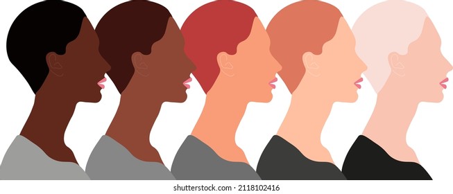 vector illustration haircut, model female silhouette, brown black blonde red blond hair color, international people face side portraits. Head set illustration, businesswoman feminist, ethnic group 