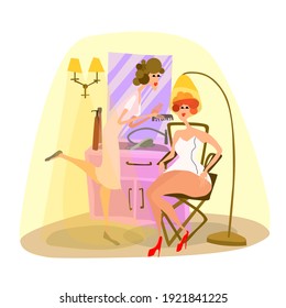 vector illustration of a hairdresser and a client, a girl dries her hair under a hairdryer in a barbershop, vector barbershop interior with people