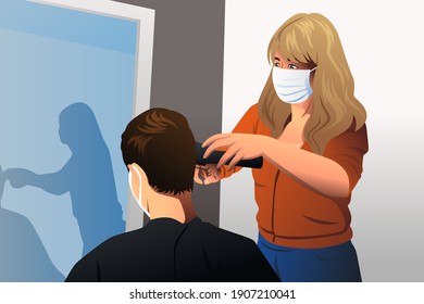 A vector illustration of Hairdresser Cutting Hair Wearing Mask During Pandemic