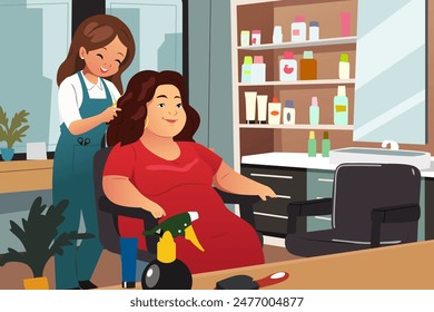 A vector illustration of Hairdresser Woman Working on a Customer in a Salon