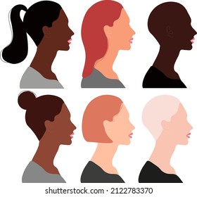 vector illustration hairstyle set, model female silhouette, brown black blonde red blond hair color,  international people face side portraits. Head illustration, businesswoman, dark light skinton