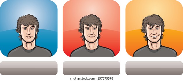 Vector illustration of hairy guy face in three expressions: neutral, sad and happy - head and shoulders composition. Layered vector EPS10 format file.