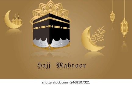 Vector Illustration Hajj islamic greeting with arabic calligraphy and kaaba. Ka'ba.