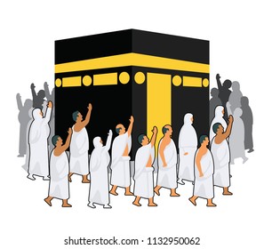 Vector illustration of Hajj pilgrimage praying around Kabaa.