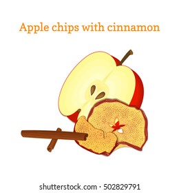 Vector illustration Half of apple and dried fruits. Slices of apple chips baked delicious fruits isprinkled with ground cinnamon, cinnamon sticks For design of packaging cereals breakfast healthy food
