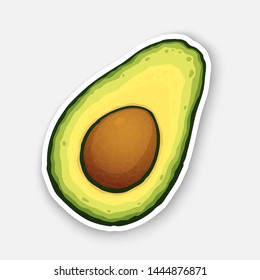 Vector illustration. Half avocado fruit with seed inside. Healthy vegetarian food. Ingredient for salad. Decoration for signboards, menus. Sticker with contour. Isolated on white background