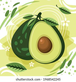 
Vektorgrafik von einem halben Avocado und einem ganzen Avocado auf lustigem abstraktem Hintergrund