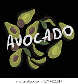 Ilustración vectorial de medio aguacate sobre fondo negro y aguacate de texto blanco.