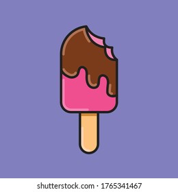 Vector illustration of a half bitten strawberry popsicle ice cream stick dipped in chocolate on a flat background