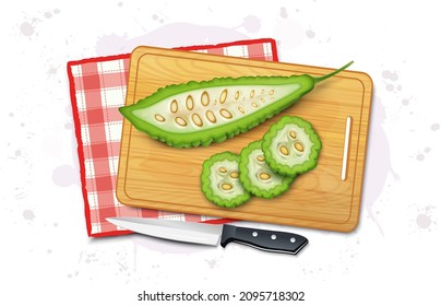 Vector illustration of a half bitter gourd with round bitter gourd slices on a wooden chopping board from the top angle 