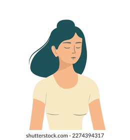 Vector illustration half body portrait of a beautiful young Asian woman girl in a T-shirt with closed eyes meditating. Design element for applications websites