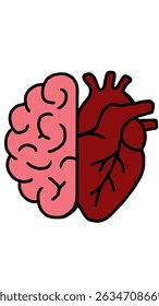Ilustração vetorial de meio cérebro e meio coração retratada com coração tem significado entre pensamento e sentimento