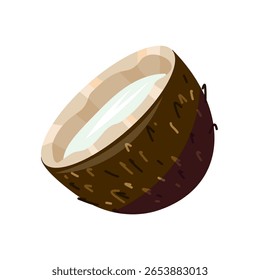 Ilustración vectorial de medio coco. Comida tropical, fruta exótica, diseño de verano. Orgánica, dieta, vegetariana. Aislado en el fondo blanco 